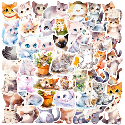 50PCS New Cartoon Watercolor Cat Personalized Creative Sticker DIY  Guitar Computer  Suitcase  Helmet Waterproof