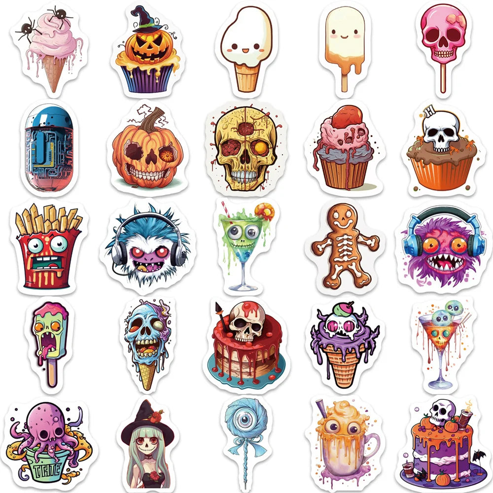 50PCS Cartoon Halloween Pumpkin Skull Spooky Doodle Stickers Exquisite Creative DIY Journal Decorative Decals Suitable for Computer Desks, Chairs, Skateboards, Pencil Cases, and Table Surfaces