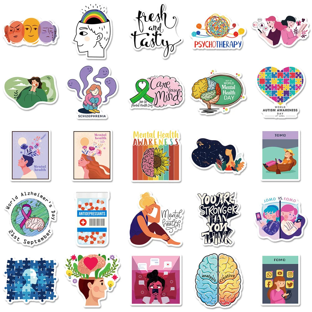 50PCS Cartoon Mental Health Graffiti Waterproof Stickers Personalized Creative Decoration Fashion CupGuitarHelmet