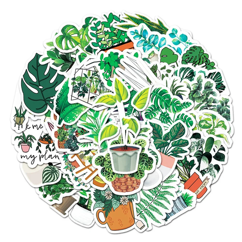 50PCS Cartoon Green Plants Ins Wind Decorative Plant Graffiti Stickers Luggage Tablet Car Creative Stickers