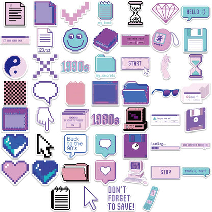 53PCS Cartoon Purple Pixel Style Graffiti Stickers Personalized Creative DIY Decorative Stickers Laptop IPad Refrigerator Guitar Mug Fashion Popular Toys Exquisite Decals