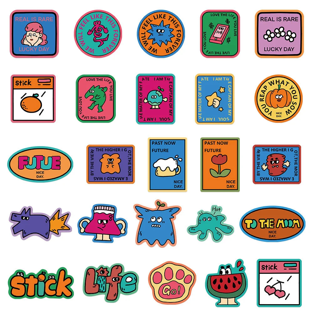 50 pieces of cartoon hand-drawn odd graffiti stickers, personalized, fashionable, creative and exquisite decal toys, refrigerator, skateboard helmet, guitar, popular sticker toys