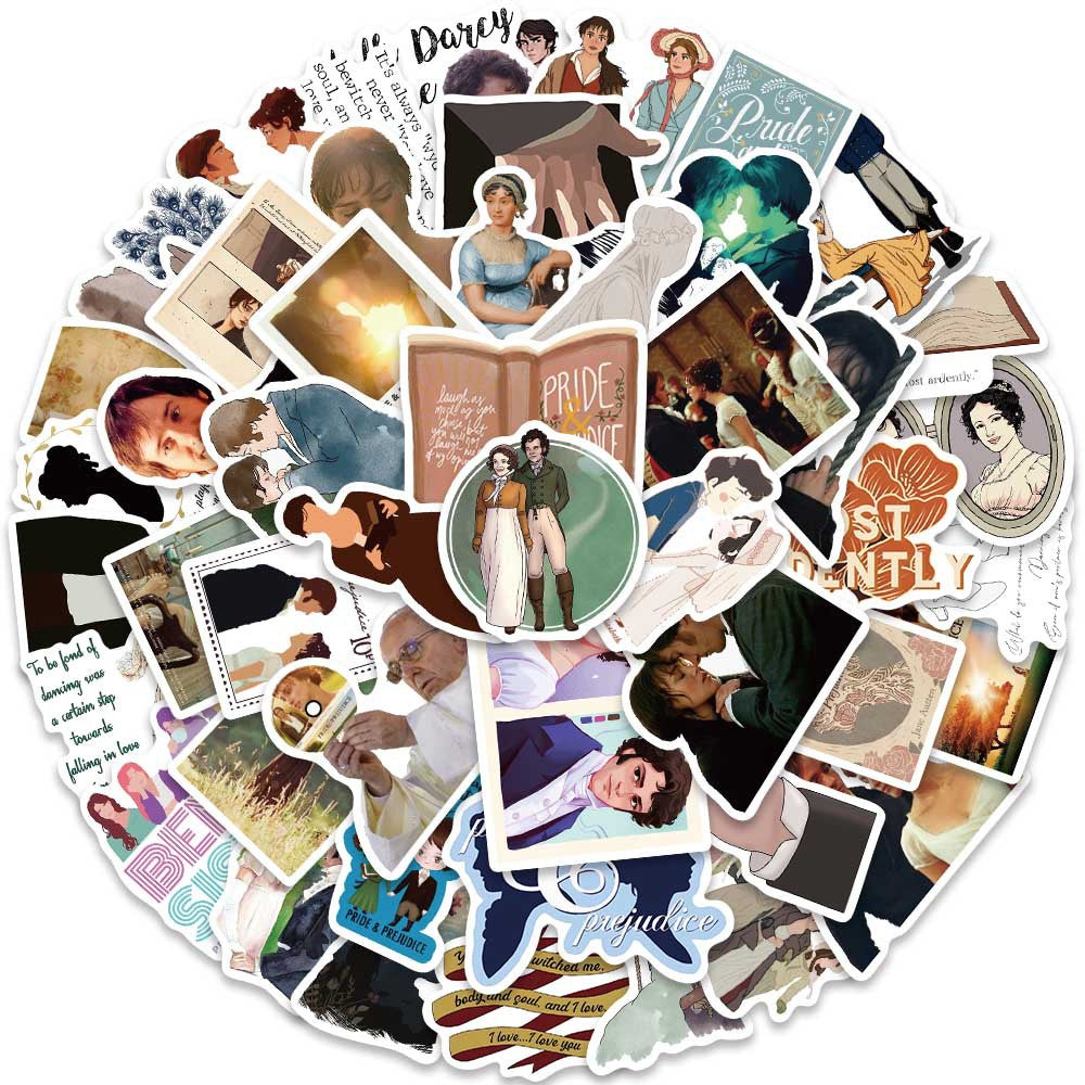 50PCS Pride and Prejudice Doodle Stickers for Film & TV Merchandise Exquisite Creative DIY Journal Decor Decals Suitable for Desks, Chairs, Skateboards, Water Bottles, Helmets, Guitars, and Stationery Cases