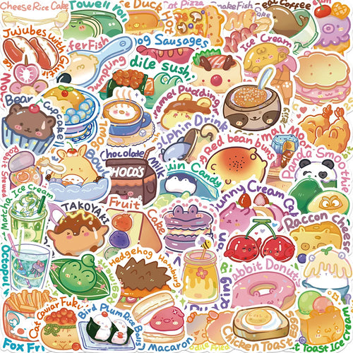50PCS English Cartoon Animal Food Stickers Graffiti DIY Helmet Skateboard Suitcase Luggage Decals PVC Stickers