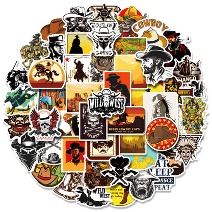 50PCS Wild West Cowboy Doodle Stickers, Cartoon Sheriff & Rodeo Decals for Adventure Vibes and Desert Style