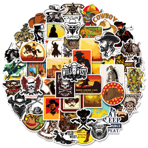 50PCS Wild West Cowboy Doodle Stickers, Cartoon Sheriff & Rodeo Decals for Adventure Vibes and Desert Style