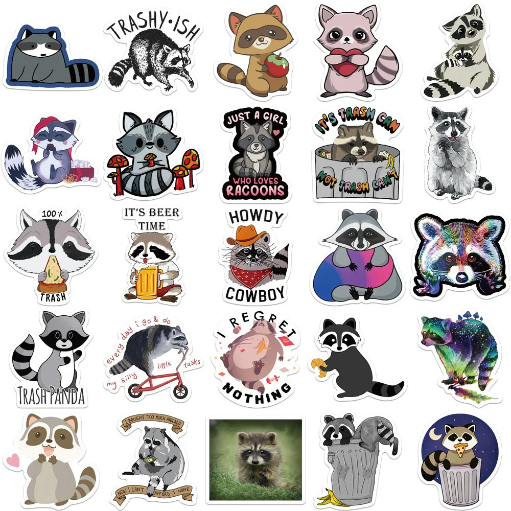 50PCS Cartoon Animal Raccoon Cute Sticker Decoration Suitcase Laptop IPad Journal Guitar Cup Waterproof Sticker