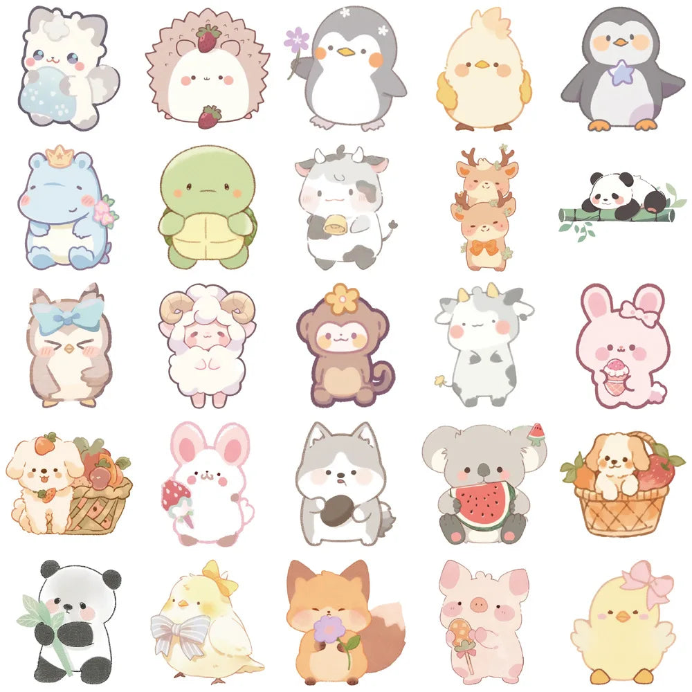 50PCS Cute Animal Doodle Stickers, Funny Chibi Cartoon Vinyl Decals for Kids, Journals, and Laptops