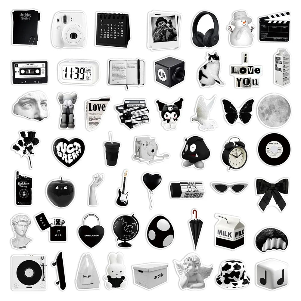 50PCS Ins Simple Black and White Cartoon Graffiti Waterproof Stickers Personalized Creative Trend Water CupHelmet