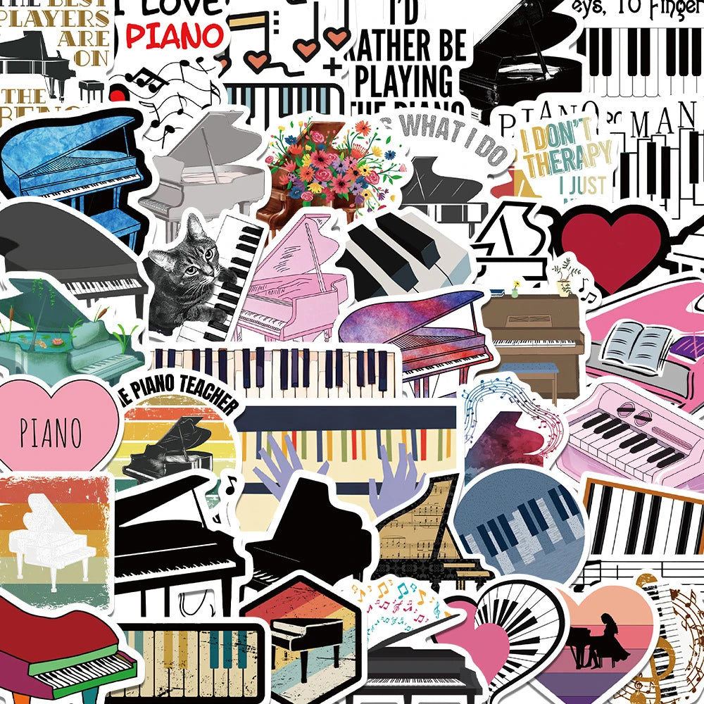 50PCS cartoon piano instrument creative decorative style graffiti stickers, personalized and fashionable creative DIY exquisite decorative decals, water cups, helmets, skateboards, popular sticker toys