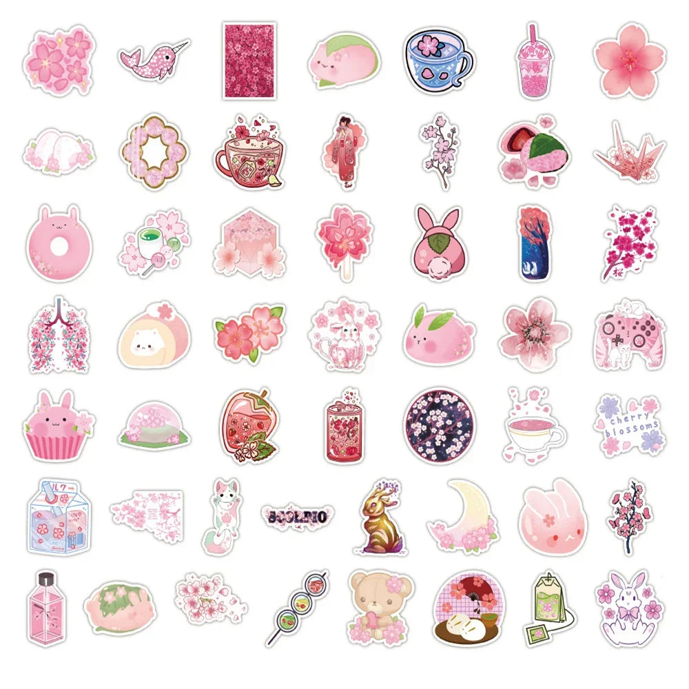 50PCS New Pink Cherry Blossom Cartoon Graffiti Waterproof Sticker Toy Decoration DIY Notebook Gift Suitcase iPad