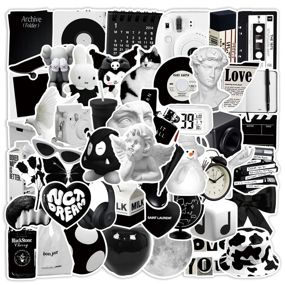 50PCS Ins Simple Black and White Cartoon Graffiti Waterproof Stickers Personalized Creative Trend Water CupHelmet