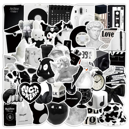 50PCS Ins Simple Black and White Cartoon Graffiti Waterproof Stickers Personalized Creative Trend Water CupHelmet