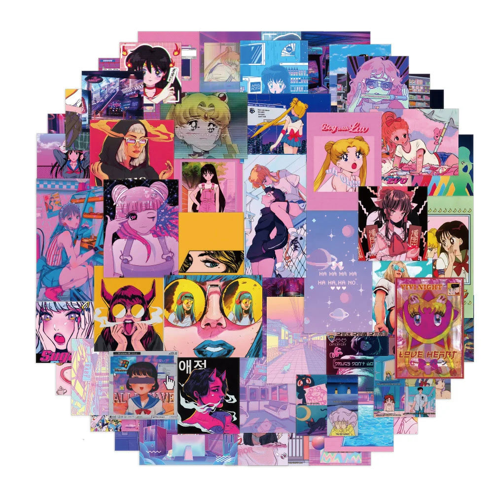 60PCS of cute cartoon steamwave girl graffiti stickers, personalized, fashionable, creative, exquisite and trendy DIY decorative decals, refrigerator, skateboard, water cup, helmet, guitar, popular sticker toys