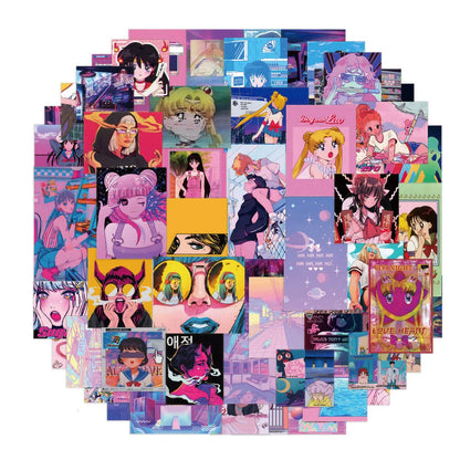 60PCS of cute cartoon steamwave girl graffiti stickers, personalized, fashionable, creative, exquisite and trendy DIY decorative decals, refrigerator, skateboard, water cup, helmet, guitar, popular sticker toys