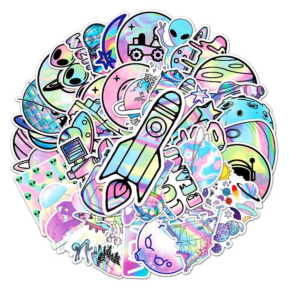 50PCS Cartoon Laser Outer Space Planet Doodle Stickers Exquisite and Stylish DIY Journal Decorative Decals Suitable for Water Bottles, Suitcases, Notebooks, Skateboards, Helmets, and Stationery Cases