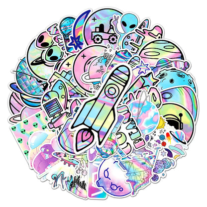 50PCS Cartoon Laser Outer Space Planet Doodle Stickers Exquisite and Stylish DIY Journal Decorative Decals Suitable for Water Bottles, Suitcases, Notebooks, Skateboards, Helmets, and Stationery Cases