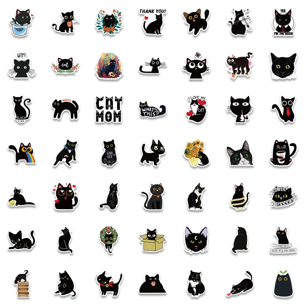 100PCS Cute Black Cat Cartoon Doodle Stickers Perfect for Refrigerators, Suitcases, Laptops, Skateboards, Water Bottles, Helmets, Stationery Boxes Exquisite DIY Desktop Decor Decals
