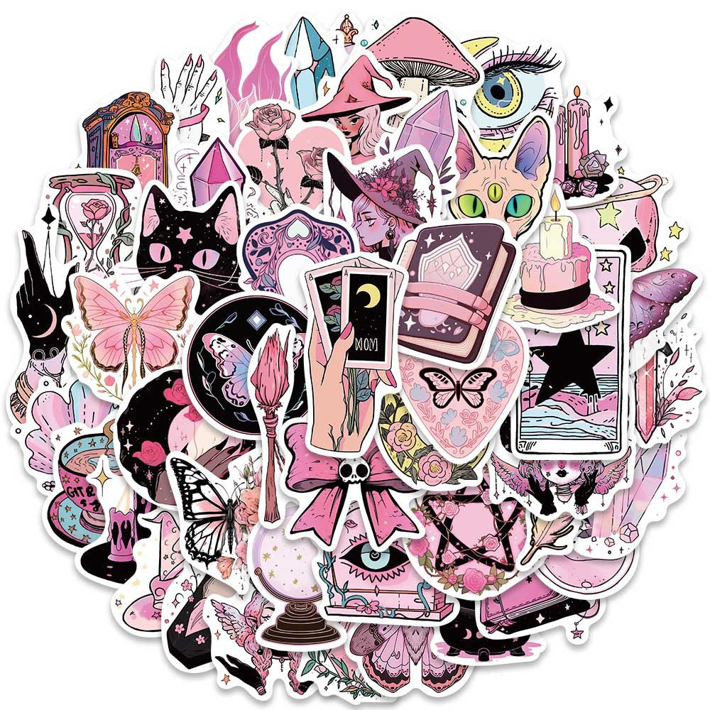 50PCS Pink Witch Stickers - Cute Magic Decals for Laptops, Water Bottles, Planners & Witchy Aesthetic Gifts