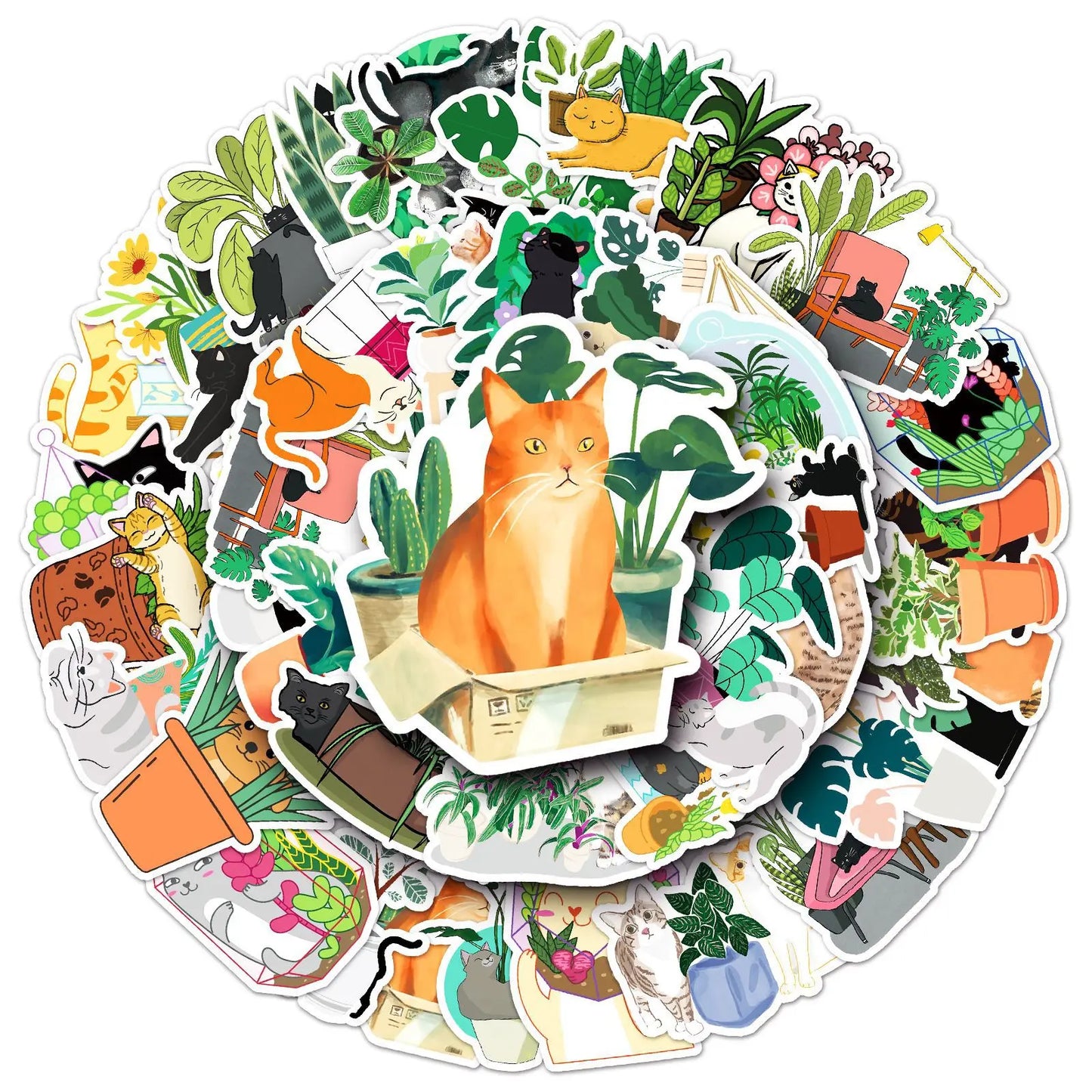 50PCS Cartoon Cats and Plants Stickers Graffiti iPad Desk Notebook Helmet Car  Pattern Scrapbook Toys Decoration