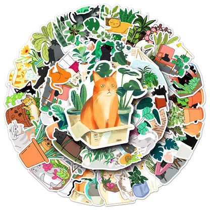 50PCS Cartoon Cats and Plants Stickers Graffiti iPad Desk Notebook Helmet Car  Pattern Scrapbook Toys Decoration