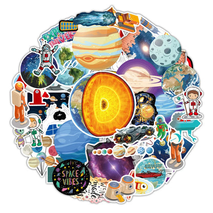 65PCS Space Planet Outer Space Cartoon Doodle Stickers Personalized Creative Trend Decorative Stickers Luggage Laptop Skateboards Cell Phone Shells Fashion Popular Decals Gift Toys