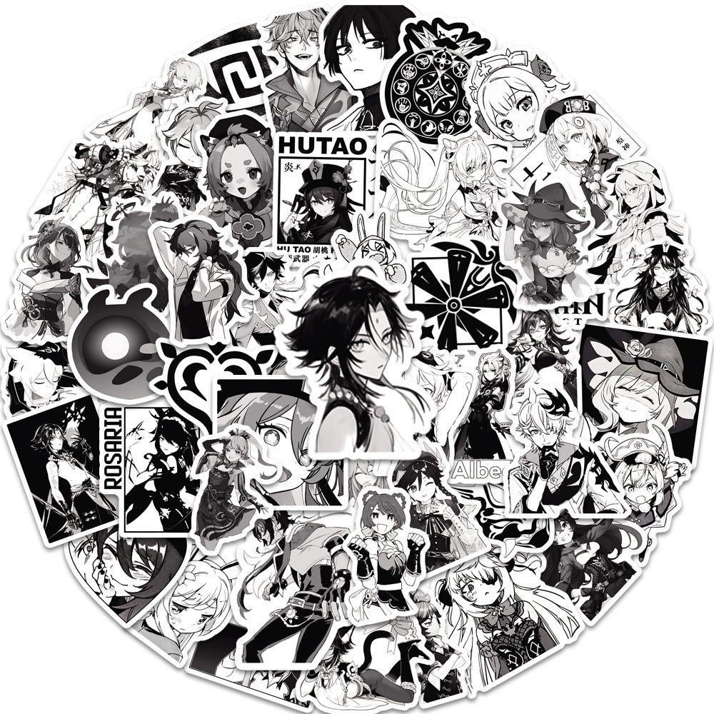 50PCS Cartoon Black & White Genshin Impact Game Doodle Stickers Anime Character Merchandise DIY Decorative Decals for Computer Desks, Guitars, Water Bottles, Skateboards, and Stationery Cases