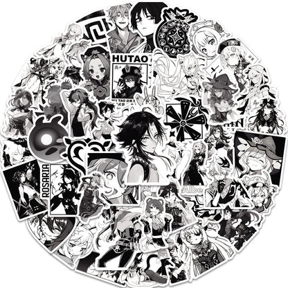 50PCS Cartoon Black & White Genshin Impact Game Doodle Stickers Anime Character Merchandise DIY Decorative Decals for Computer Desks, Guitars, Water Bottles, Skateboards, and Stationery Cases