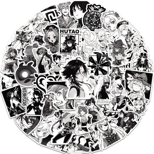 50PCS Cartoon Black & White Genshin Impact Game Doodle Stickers Anime Character Merchandise DIY Decorative Decals for Computer Desks, Guitars, Water Bottles, Skateboards, and Stationery Cases