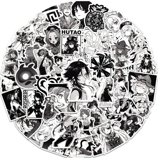 50PCS Cartoon Black & White Genshin Impact Game Doodle Stickers Anime Character Merchandise DIY Decorative Decals for Computer Desks, Guitars, Water Bottles, Skateboards, and Stationery Cases