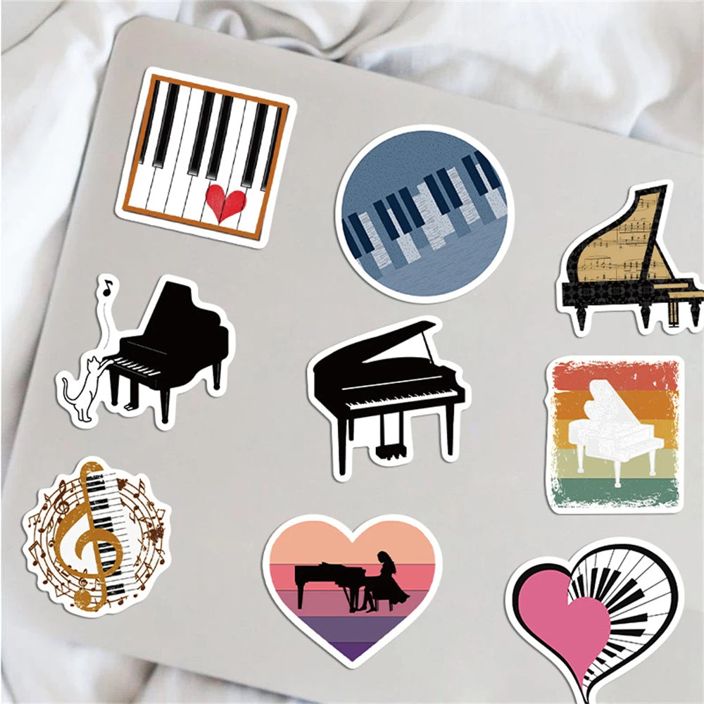50PCS cartoon piano instrument creative decorative style graffiti stickers, personalized and fashionable creative DIY exquisite decorative decals, water cups, helmets, skateboards, popular sticker toys