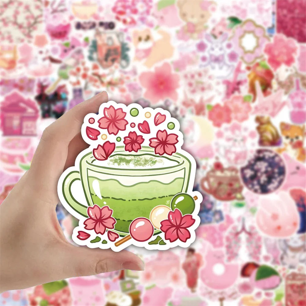 50PCS New Pink Cherry Blossom Cartoon Graffiti Waterproof Sticker Toy Decoration DIY Notebook Gift Suitcase iPad