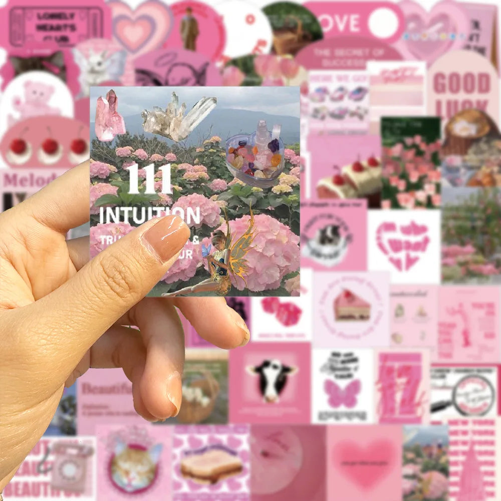 56PCS Cartoon INS Pink English Flowers Graffiti Stickers Personality Fashion Creative DIY Decorative Stickers Skateboard Helmet Guitar Fridge Popular Decals Toys