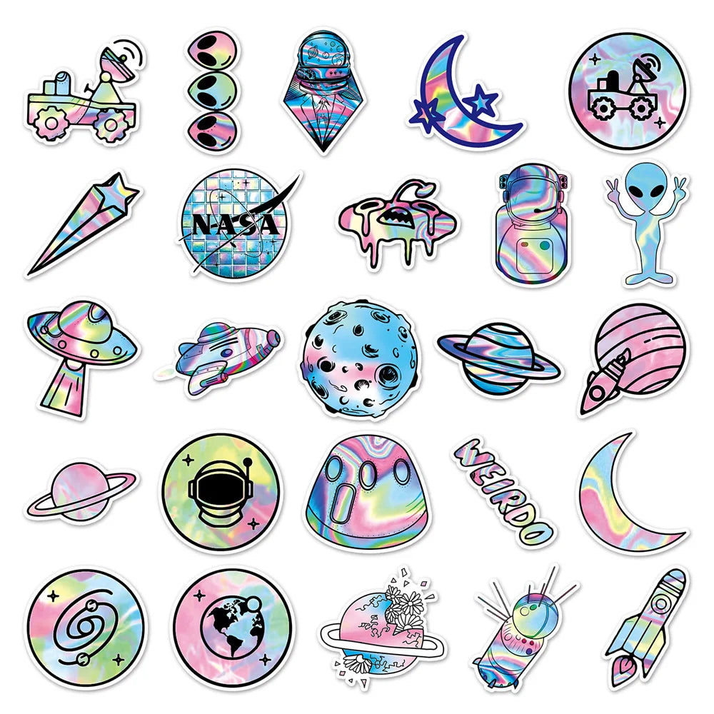 50PCS Cartoon Laser Outer Space Planet Doodle Stickers Exquisite and Stylish DIY Journal Decorative Decals Suitable for Water Bottles, Suitcases, Notebooks, Skateboards, Helmets, and Stationery Cases