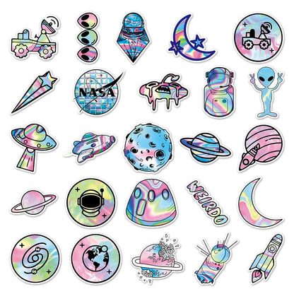 50PCS Cartoon Laser Outer Space Planet Doodle Stickers Exquisite and Stylish DIY Journal Decorative Decals Suitable for Water Bottles, Suitcases, Notebooks, Skateboards, Helmets, and Stationery Cases