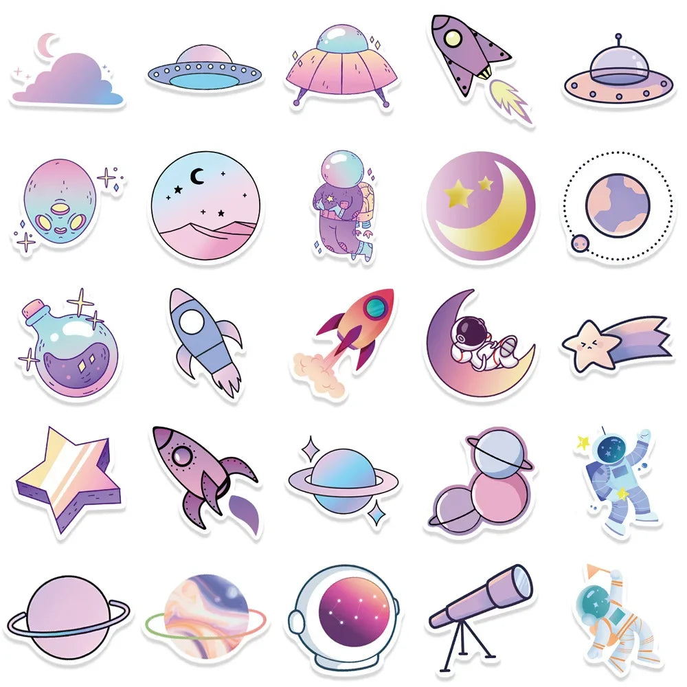 50PCS Cartoon Purple Gradient Planet Graffiti Helmet Water Cup DIY Waterproof Reward Sticker Notebook  Suitcase