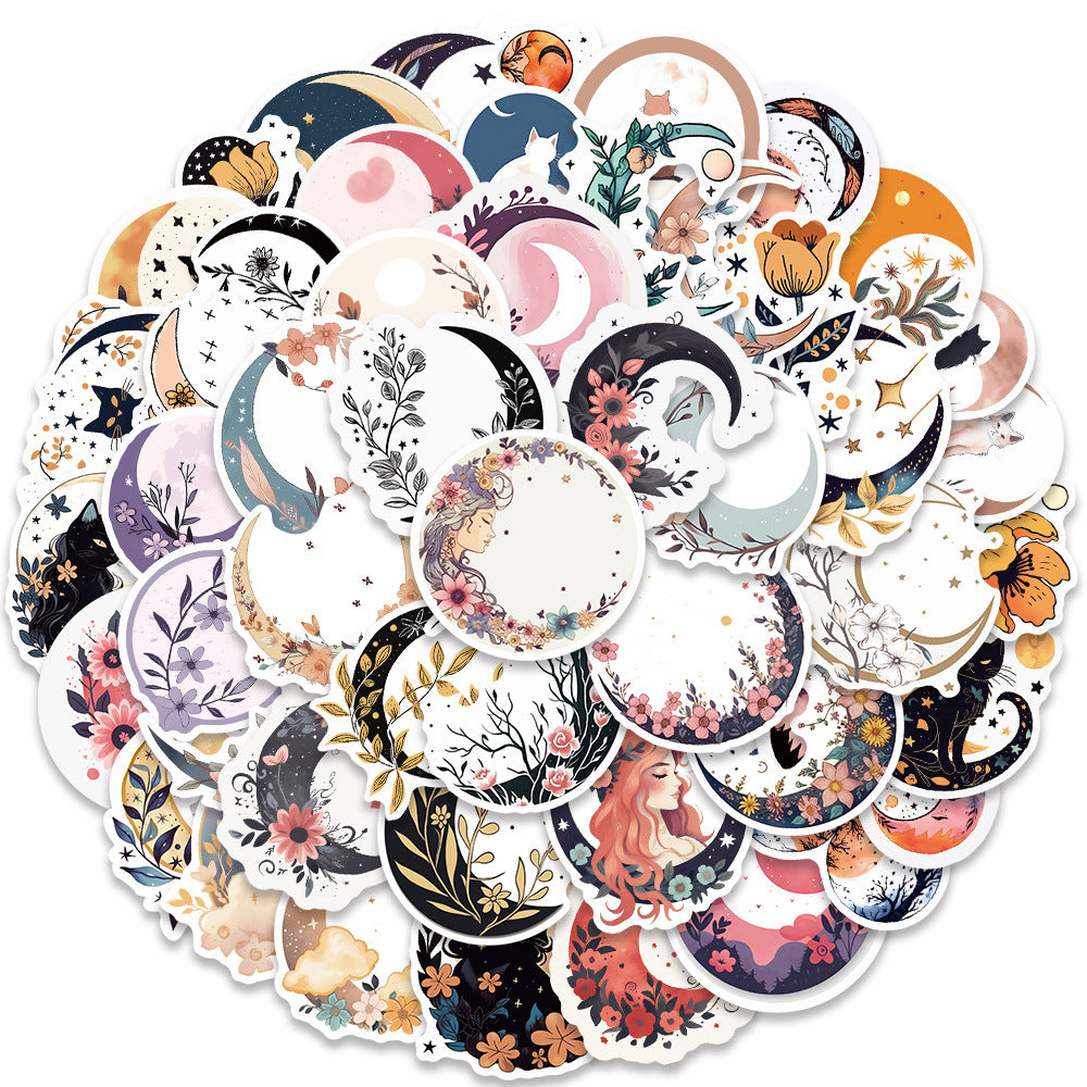 50PCS Moon & Cat Doodle Stickers - Celestial Night Adventure Vinyl Decals for Journals, Dream Catcher Kits & Cozy Bedroom Decor