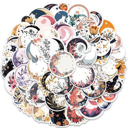 50PCS Moon & Cat Doodle Stickers - Celestial Night Adventure Vinyl Decals for Journals, Dream Catcher Kits & Cozy Bedroom Decor