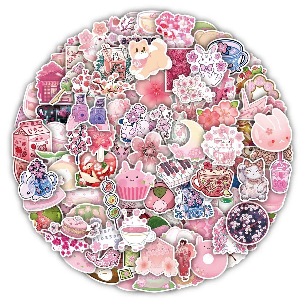 50PCS New Pink Cherry Blossom Cartoon Graffiti Waterproof Sticker Toy Decoration DIY Notebook Gift Suitcase iPad