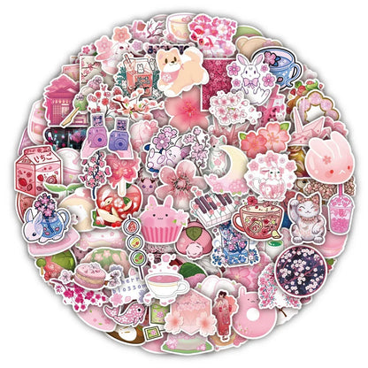 50PCS New Pink Cherry Blossom Cartoon Graffiti Waterproof Sticker Toy Decoration DIY Notebook Gift Suitcase iPad