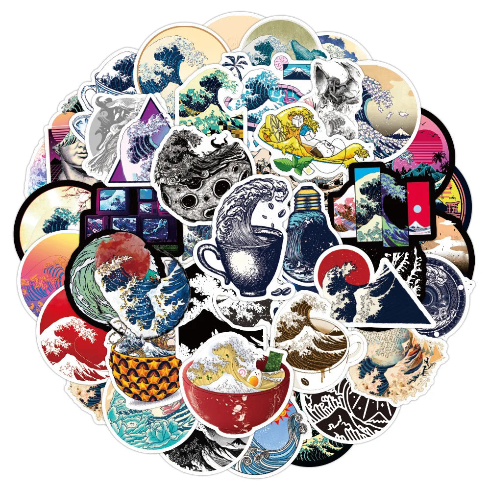 50PCS Cartoon Beach Wave Sticker Graffiti iPad  Luggage Helmet  Guitar DIY Scrapbook Wall Sticker Toy Decoration