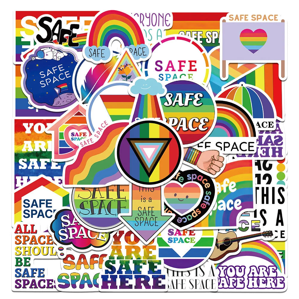 50PCS LGBTQ logo safety space rainbow graffiti stickers, personalized, fashionable and creative DIY exquisite decorative decals, refrigerator skateboard, water cup, helmet, guitar, popular stickers