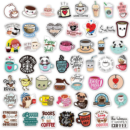50 pieces of cartoon coffee personalized graffiti stickers, personalized fashion and creative DIY trend decorative stickers, suitable for refrigerator, guitar, helmet, skateboard, popular and exquisite decal toys