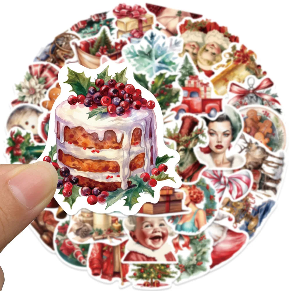 50PCS Retro Christmas Doodle Stickers - Vintage Holiday Vinyl Decals for Gift Wrapping, Scrapbooking & Festive DIY Crafts