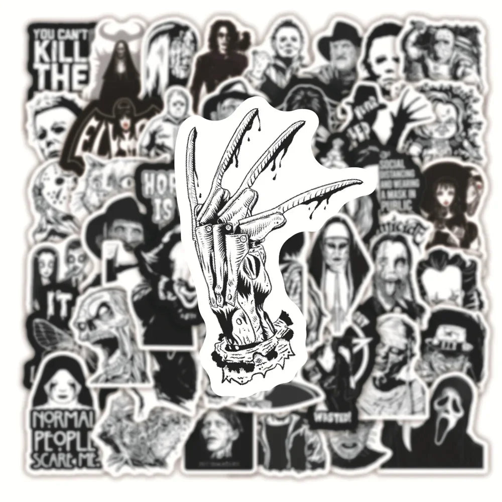 50PCS Black and White Horror Movie Theme Graffiti Waterproof Sticker Luggage Guitar Laptop Skateboard Helmet