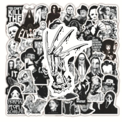 50PCS Black and White Horror Movie Theme Graffiti Waterproof Sticker Luggage Guitar Laptop Skateboard Helmet
