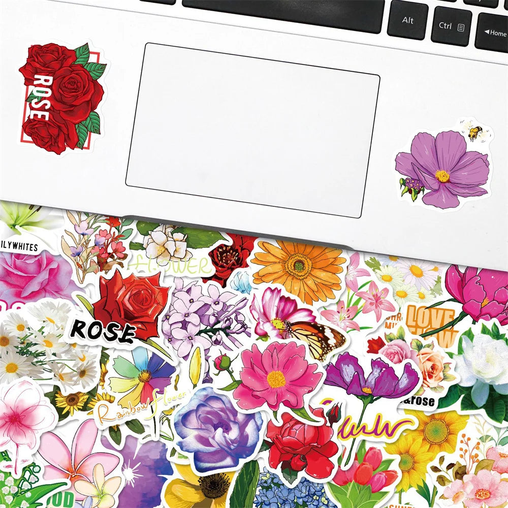 50PCS Flower series plant flower stickers, toys, luggage, laptops, ipads, skateboards, guitars, cups, mobile phone decorative sticker toys