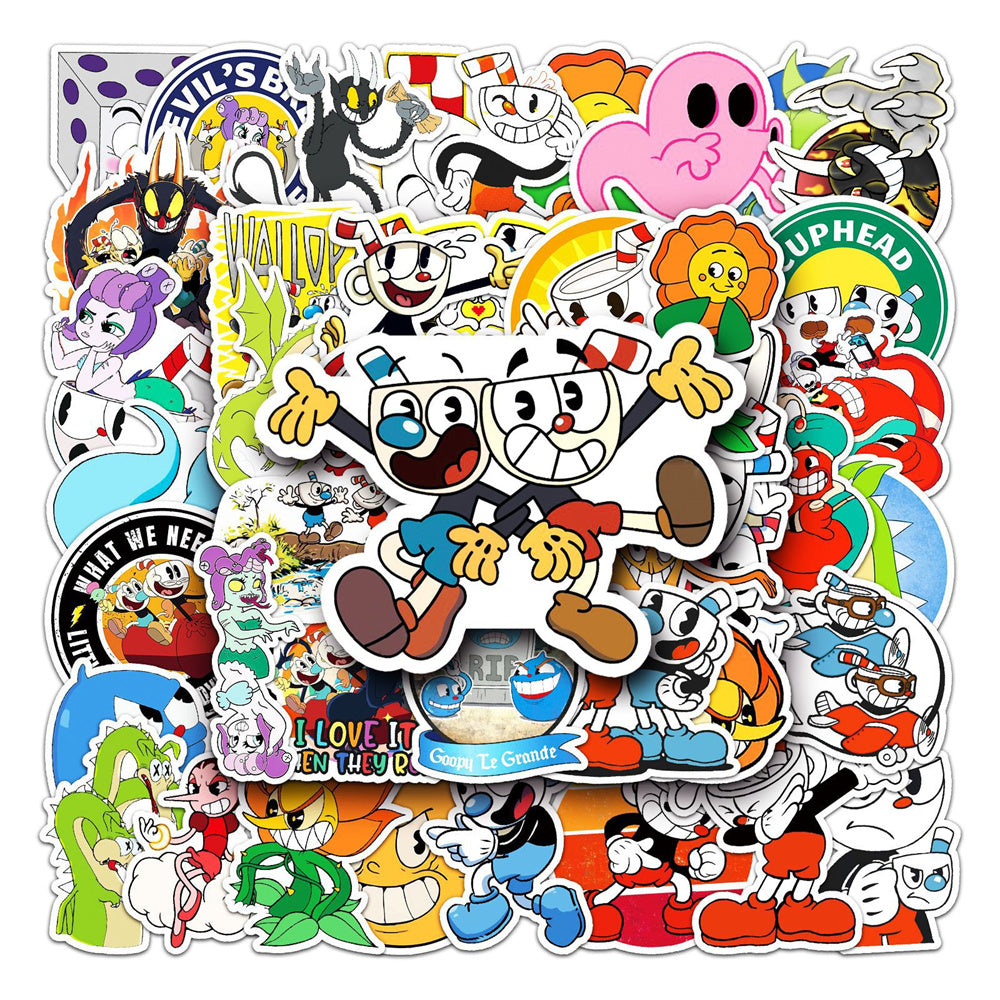 50PCS Classic Cartoon Cute Game Cuphead Series Doodle Stickers Exquisite Fashion Creative DIY Decorative Decals Suitable for Mugs, Helmets, Skateboards, Refrigerators, Stationery Boxes