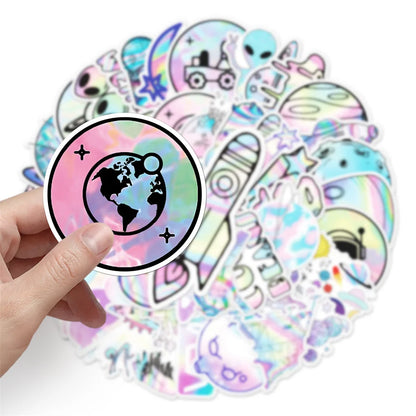50PCS Laser Cartoon Planet Outer Space Sticker Luggage Computer IPad Skateboard Motorcycle Waterproof Sticker