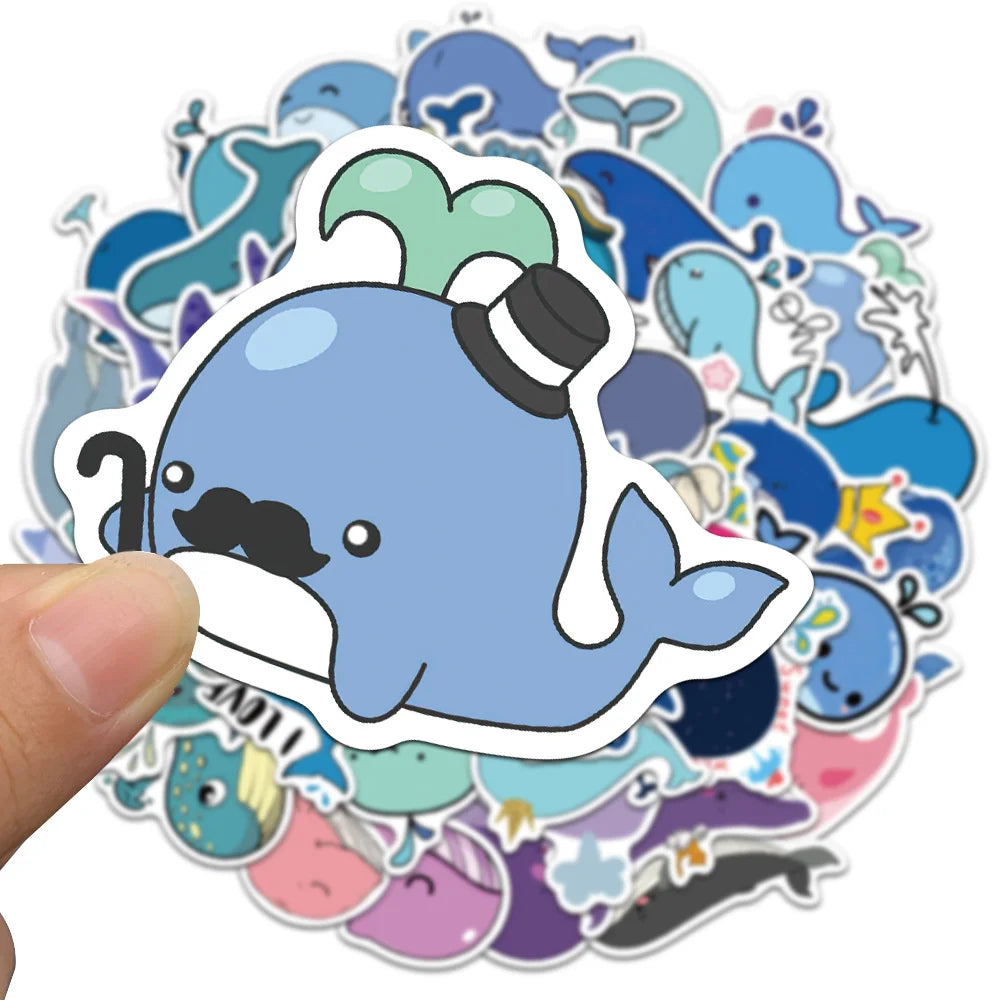 50PCS of cute cartoon whale and Marine animal graffiti stickers, personalized and fashionable DIY creative and exquisite decorative stickers, refrigerator, skateboard, water cup, helmet, guitar, popular sticker toys